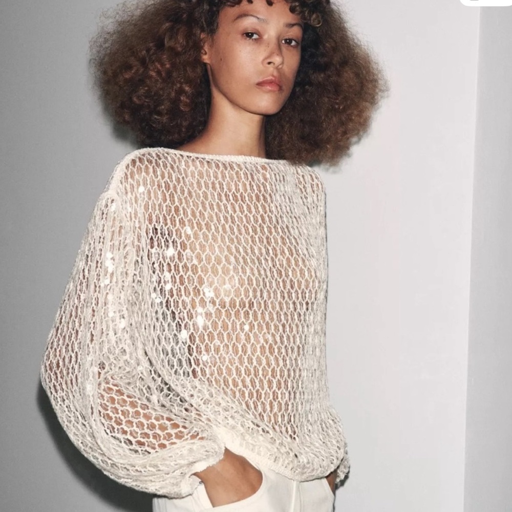 Zara Cream Sequin Mesh Blouse